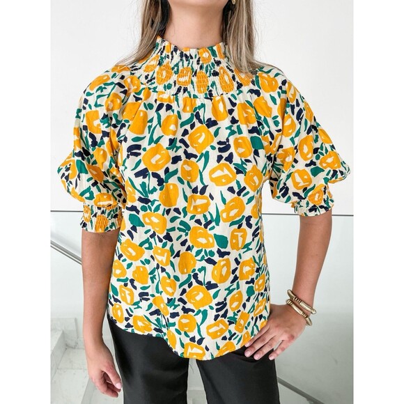 ODDY Womens Size 1XL Lemon Yellow Floral Print Blouse Puff Sleeves Spring Summer - Picture 1 of 10
